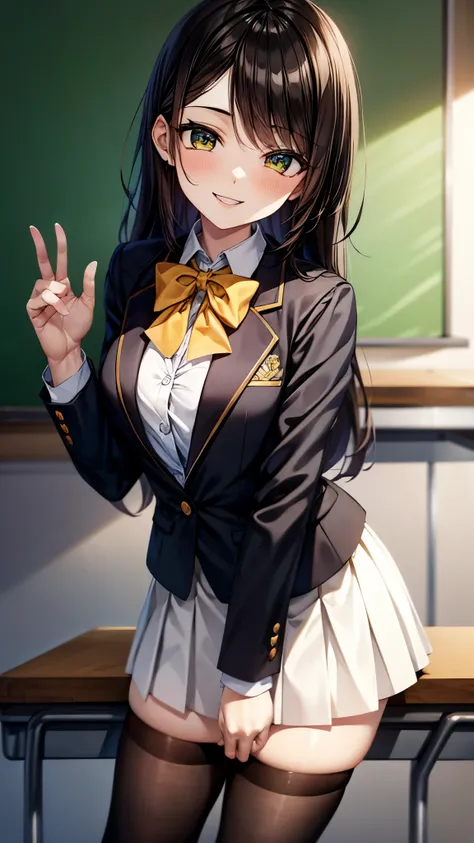 （（super high quality,Ultra-high resolution,16k,super masterpiece,Ultra HD ,Detailed shading,））One high school girl,Long black hair with side-swept bangs,White dress shirt with the second button undone,Turquoise Blazer,Brown checked mini skirt,Black knee so...