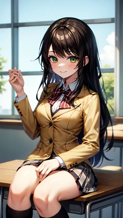 （（super high quality,Ultra-high resolution,16k,super masterpiece,Ultra HD ,Detailed shading,））One high school girl,Long black hair with side-swept bangs,White dress shirt with the second button undone,Turquoise Blazer,Brown checked mini skirt,Black knee so...