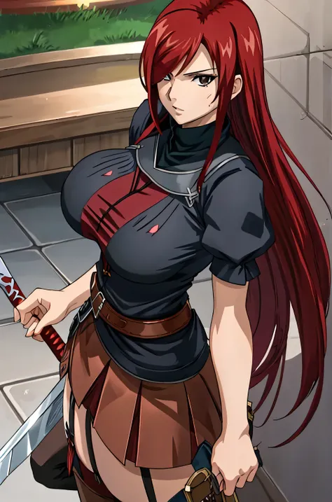 1girl, solo, erza scarlet, fairy tail, red hair, brown eyes, mature female, Massive breasts, hair over one eye, large breasts, looking at viewer, sword, stockings, 