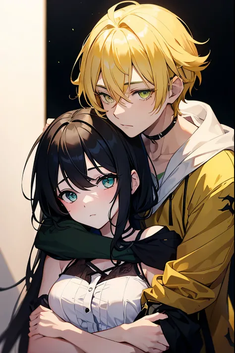 A boy with blonde hair and yellow eyes hugging a girl with black hair and green eyes