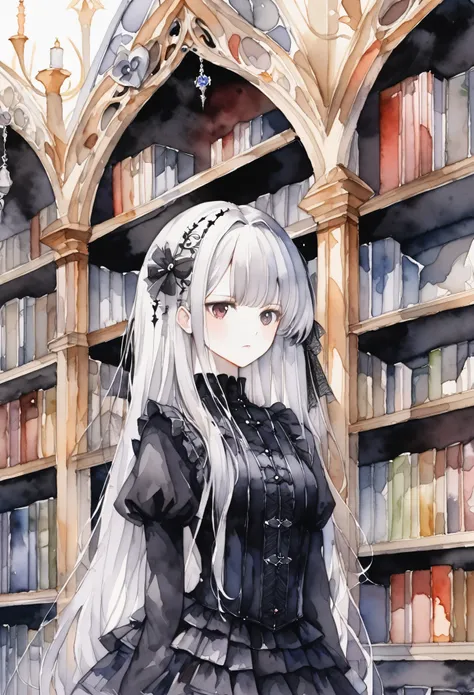 A captivating scene of a beautiful woman standing in front of an elaborate bookshelf, (((Watercolor))), (((Upper Body))), (((gothic))),,she was adorned with hair accessories、, Straight silver hair..。Ruffled mini skirt, sheの表情は自然だ, Calm expression. she wore...