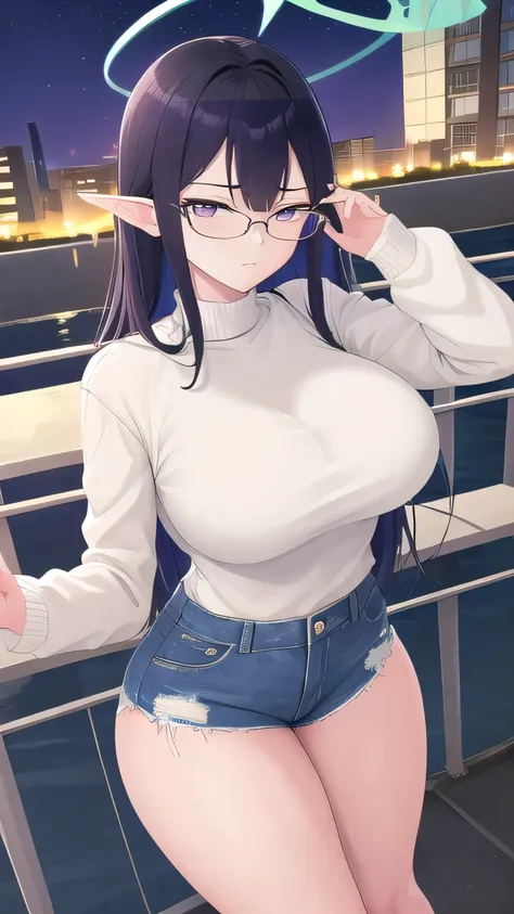 masterpiece, best quality, 1girl, solo, mature female, adjusting eyewear, white eyewaer, standing, rin, halo, sweater, denim hot...