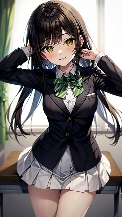 （（super high quality,Ultra-high resolution,16k,super masterpiece,Ultra HD ,Detailed shading,））One high school girl,Long black hair with side-swept bangs,White dress shirt with the second button undone,Turquoise Blazer,Brown checked mini skirt,Black knee so...