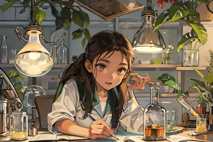 A relaxed scene of a young scientist in a biology lab with a focus on ants and insects. The student wears casual clothes and a lab coat, surrounded by lab equipment like microscopes, beakers, and plants. The room is softly lit, and the student is sketching...