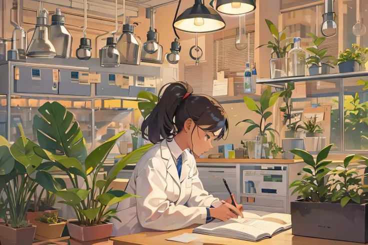 A relaxed scene of a young scientist in a biology lab with a focus on ants and insects. The student wears casual clothes and a lab coat, surrounded by lab equipment like microscopes, beakers, and plants. The room is softly lit, and the student is sketching...