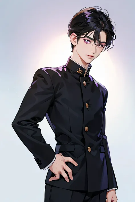 masterpiece, best quality, ultra detailed, beautiful, highres, 4K, a schoolboy, blissful, smiling, standing, looking at viewer, front view, short hair, hair between eyes, black hair, purple eyes, detailed skin, shiny skin, tall, toned body, ((wearing a sta...