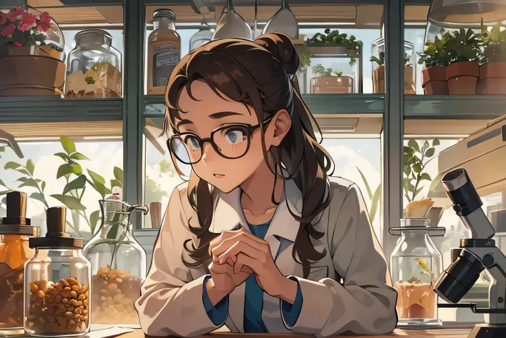 A young female scientist in a quiet laboratory setting, wearing a lab coat and examining ants under a microscope. The lab is filled with glass beakers, test tubes, and plant samples. In the background, there are shelves filled with books and insect specime...