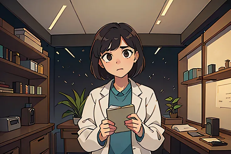 A young female scientist in a quiet laboratory setting, wearing a lab coat and examining ants under a microscope. The lab is filled with glass beakers, test tubes, and plant samples. In the background, there are shelves filled with books and insect specime...