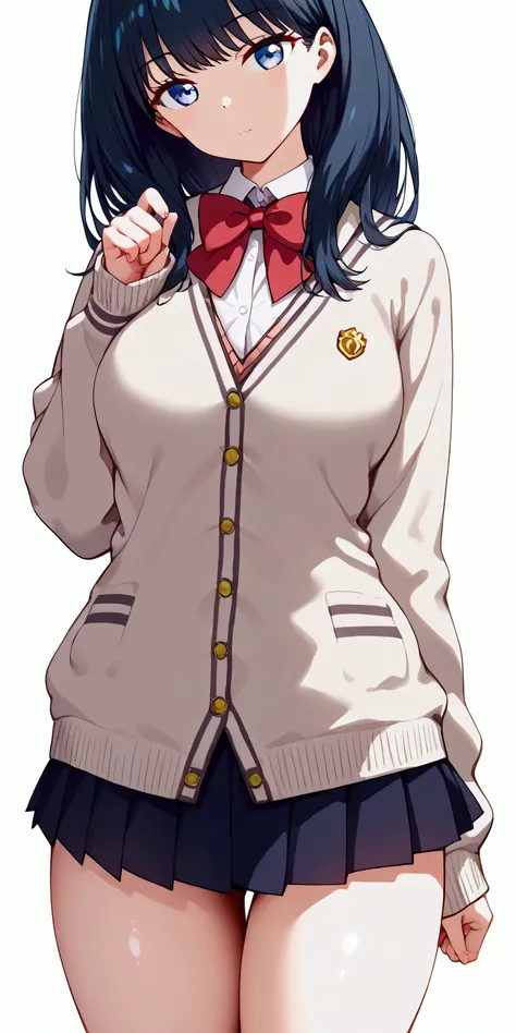 nai3, close up, masterpiece, Highest quality, One person, 1girl, takarada_rikka, gridman_universe, ssss.gridman, microskirt, bow, sweater, solo, black_hair, bowtie, school_uniform, thighs, blue_eyes, red_bowtie, skirt, white_sweater, white_cardigan, shirt,...