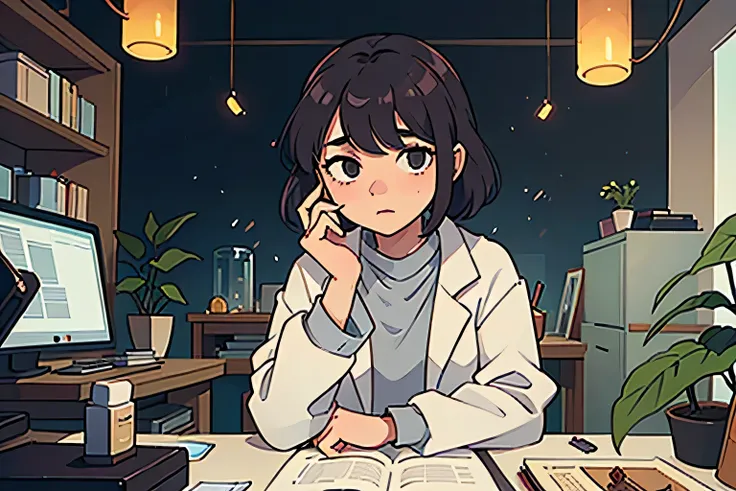 A young female scientist in a quiet laboratory setting, wearing a lab coat and examining ants under a microscope. The lab is filled with glass beakers, test tubes, and plant samples. In the background, there are shelves filled with books and insect specime...