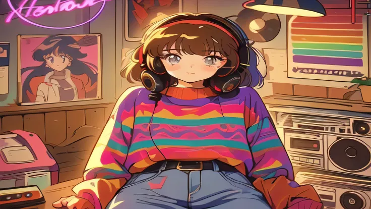 anime girl with headphones and a colorful sweater in a room, lofi girl, retro anime girl, lofi artstyle, 8 0 s anime vibe, lofi portrait, cute art style, in the art style of 8 0 s anime, lofi art, 8 0 s anime art style, anime style 4 k, lofi girl aesthetic...