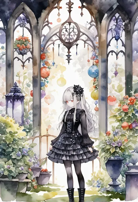 Enchanting scene of a young woman standing amongst decorative ornaments,(((watercolor))),  (((gothic))), she was standing in the garden. she was adorned with hair accessories、, Straight silver hair..。Ruffled mini skirt, sheの表情は自然だ, Calm expression. she wor...