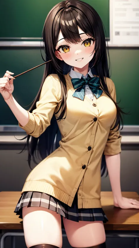 （super high quality,Ultra-high resolution,16k,super masterpiece,Ultra HD ,Detailed shading,）One high school girl,Long black hair with side-swept bangs,White dress shirt with the second button undone,Green blazer,Brown checked mini skirt,Black knee socks,Ye...