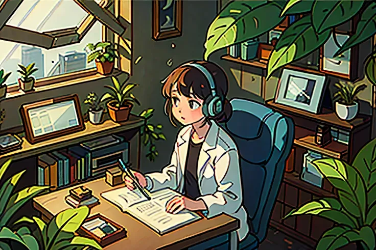 A calm and focused Lofi girl, sitting in a cozy greenhouse surrounded by plants and small insect terrariums. She wears a lab coat and is taking notes on a clipboard, with various scientific instruments around her. The atmosphere is serene, with natural lig...