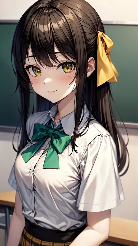 （super high quality,Ultra-high resolution,16k,super masterpiece,Ultra HD ,Detailed shading,）Upper body shot,One high school girl,Long black hair with side-swept bangs,White dress shirt with the second button undone,Green blazer,Brown checked mini skirt,Bla...