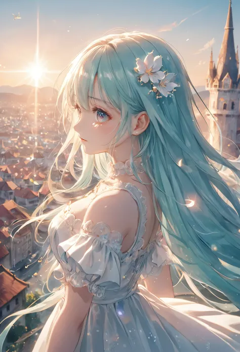 masterpiece, best quality, anime-style illustration featuring a girl with vibrant green hair floating gracefully in the sky, holding a delicate white parasol. Her hair, long and flowing, moves in exaggerated waves, catching the soft sunlight as it sweeps t...