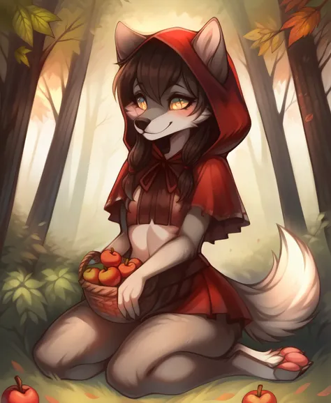 furry anthro wolf girl in red riding hood costume, highly detailed body fur, gray fur, cute, smiles seraphicly innocently, a basket of apples, wolf paws, wolf tail, wolf snout, girly hairstyle, twinkle eyes, in the forest with trees and leaves