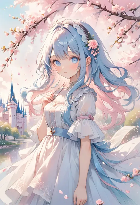 masterpiece, best quality, ultra-detailed, a pastel-colored scene featuring a young girl with long, flowing blue hair and wide, curious blue eyes. She wears a light pink and white dress, adorned with soft ribbons and lace, and her hair is decorated with a ...