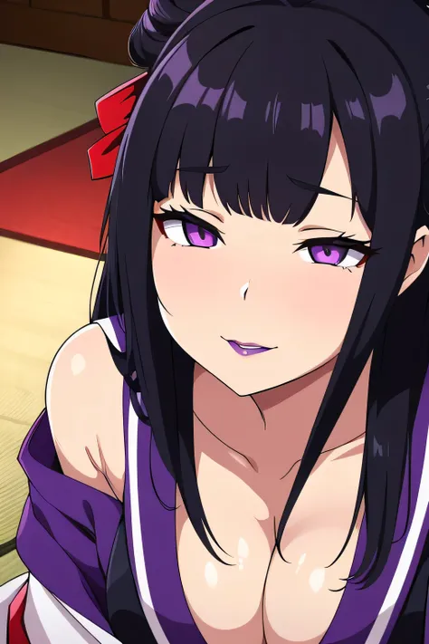 Mature Japanese Woman, Upturned eyes, Hollow Eyes, brainwashing, Accentuate your cleavage, Big Breasts, obesity, No underwear,aunt, Fallen into evil, Half-open eyes, Hypnotic Eyes, Purple lipstick、Purple eyes Shrine maiden Black hair