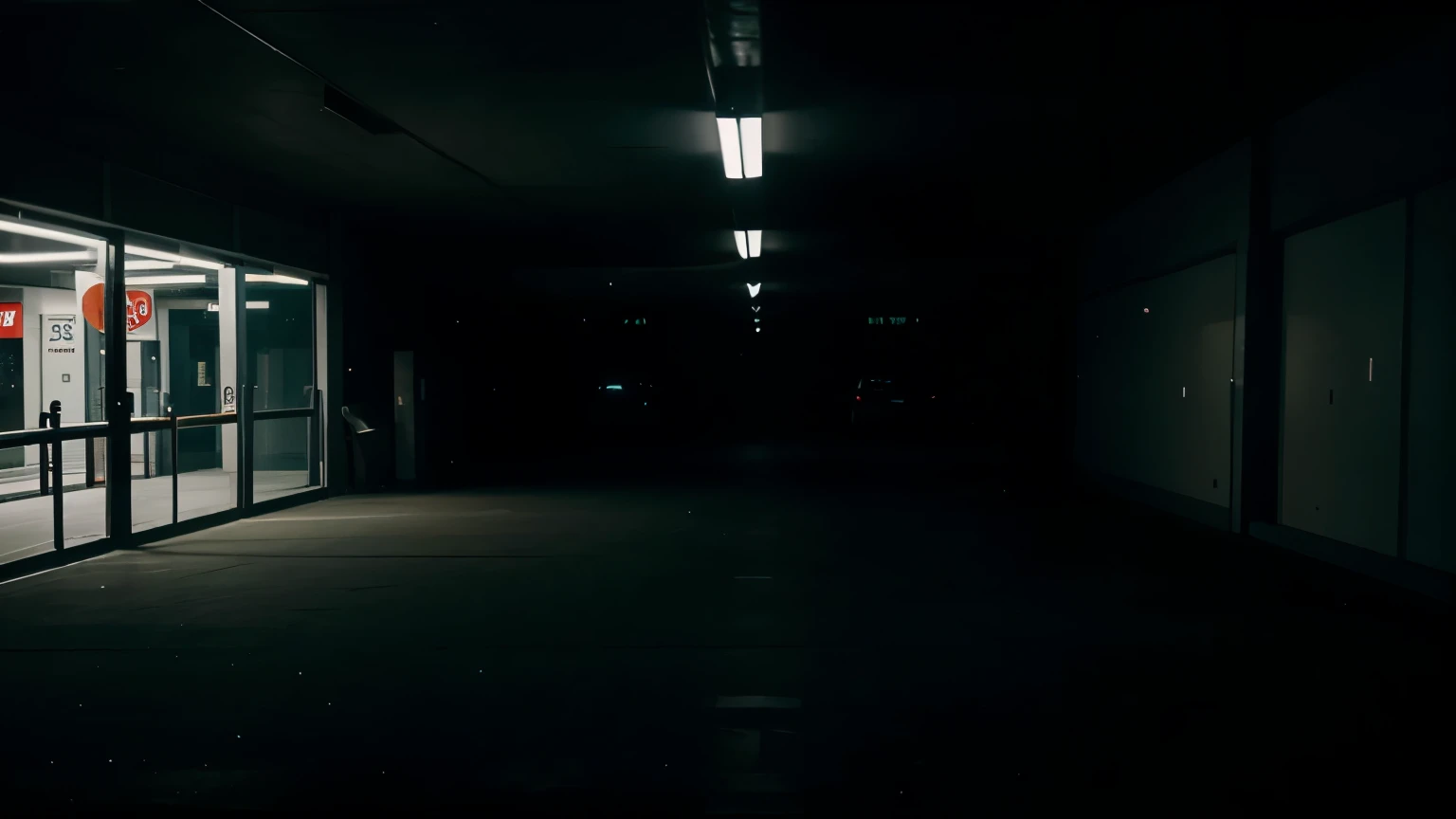 Very dark focused flash photo，Ghostly figure photographed in indoor parking lot at night, Wide Angle, Black background, 