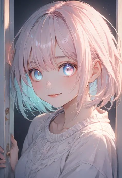 masterpiece, best quality, ultra-detailed, pastel color palette, a soft and slightly eerie depiction of a character peeking through a chained door. The character’s large, glowing blue heart-shaped eyes are rendered in soft pastel shades, creating a dreamy,...