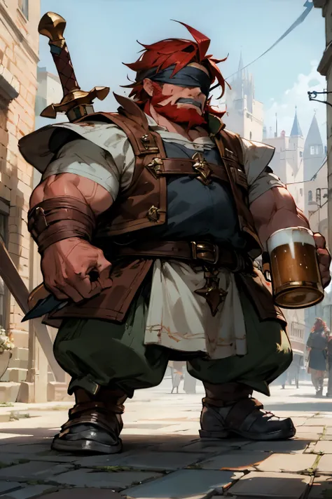 A muscular dwarf, an angry face, a blindfold, a short hairstyle, a thick beard, red hair, a mug of beer in his hand, a leather vest, bare hands. Stands in the middle of a medieval city. Dagger in his his other hand