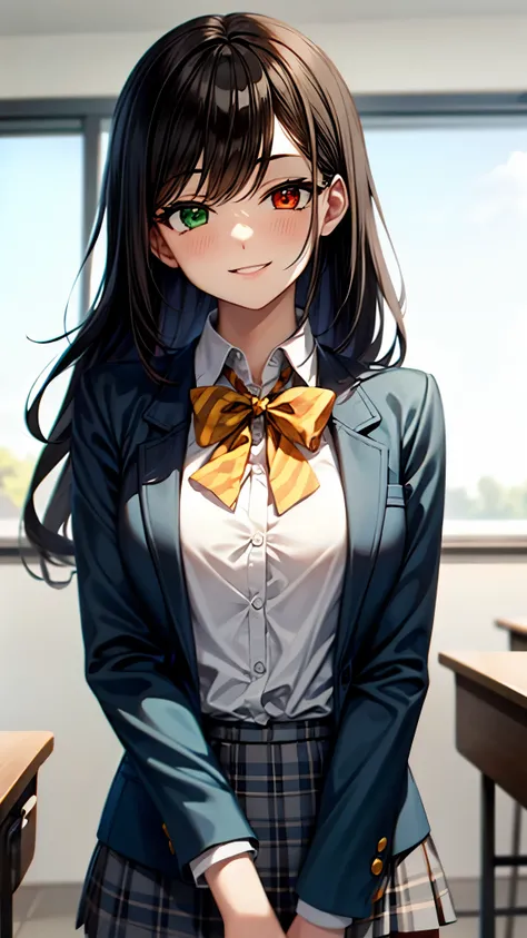 （super high quality,Ultra-high resolution,16k,super masterpiece,Ultra HD ,Detailed shading,）Upper body shot,One high school girl,Long black hair with side-swept bangs,White dress shirt with the second button undone,（Blue-green jacket suit,Brown checked min...