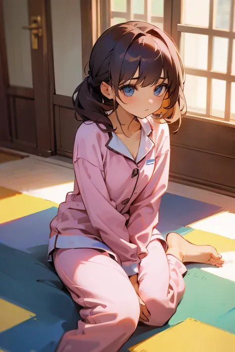 A cute girl sitting on the floor sulking in her loungewear