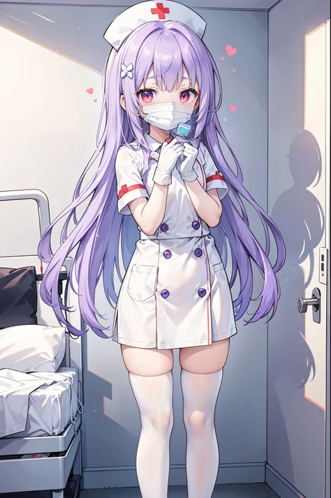 1boy, solo, male focus, nurse, white nurse cap, white nurse uniform, ((white legwear, zettai ryouiki)), white gloves, long hair, purple hair, red eyes, ((white surgical mask, covered nose)), standing, ((hospital room)), sharp outline, short sleeves, shota,...