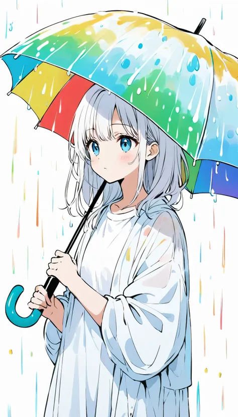 Simple Background,Simple and concise illustration, A girl is holding an umbrella,Colorful Rain,Lots of white space、youth