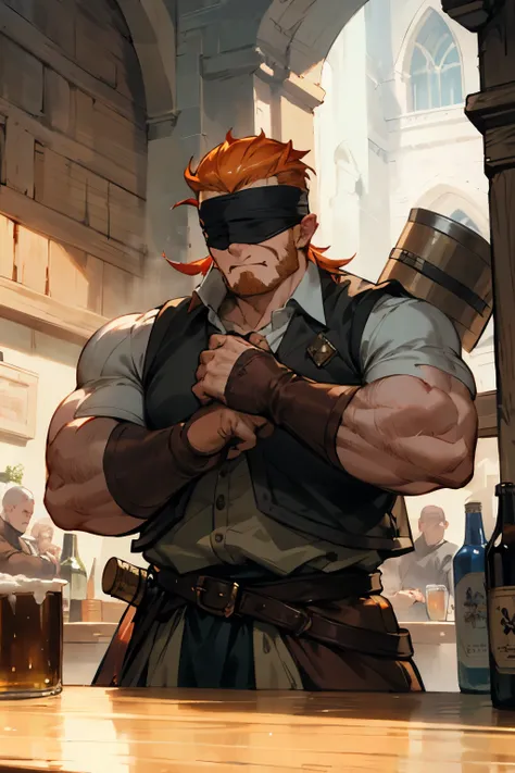 A muscular dwarf, an angry face, a blindfold, a short hairstyle, a thick beard, ginger slicked hair, a mug of beer in his hand, a leather vest, bare hands. It stands in the middle of a medieval city. The dagger is in the other hand. Hairy arms. 
