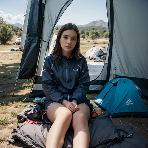 pale skin girl in a camping with camping clothes