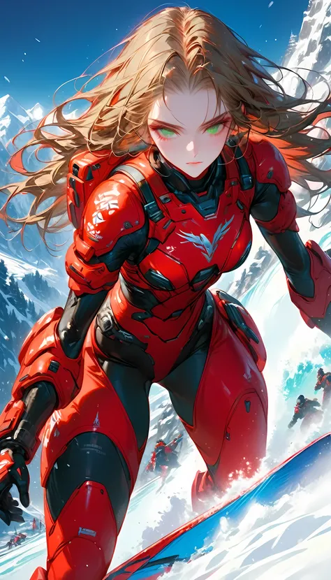 high details, best quality, 16k, [best detailed], masterpiece, best quality, (extremely detailed), photorealistic, fantasy art, RPG art, a picture of a mech girl, wearing red mech suit, surfing in the snow, epic beautiful human woman (best details, Masterp...