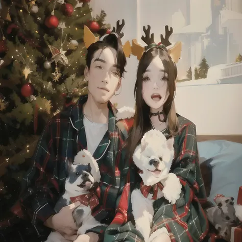 there are two people in pajamas holding two dogs and a christmas tree, happy, Pets, Couple, happy, Lifestyle, Celebrity, family, 2 0 2 0 Fashion, With dogs, family photo, christmas night, christmas, Profile picture, 😭🤮 💔, 🦩🪐🐞👩🏻🦳, 🤬 🤮 💕 🎀