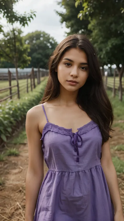 brown girl in the a farm with purple Dress