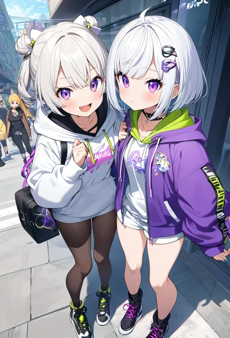 Anime Girls, White short hair, Purple eyes, hoodie, pc, streamer, Virtual YouTuber, Street Style