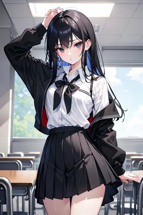 nswf,The wind flips up my skirt,Height: 158cm,18 years old,Medium-long black hair,Black Eye,beautiful girl,whole body,In the classroom,Unbuttoned school uniform,Anatomically correct,Attention to detail,Super detailed,Ultra-high resolution,Textured Skin,