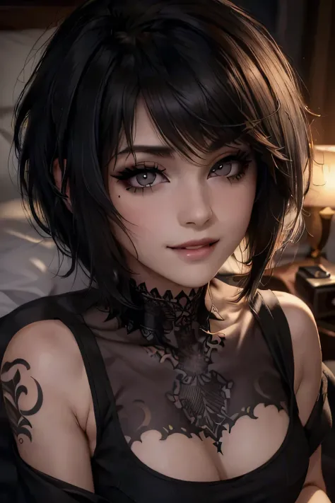 (best quality, 4K, 8K, high resolution, masterpiece: 1.2), ultra-detailed, (realistic, photorealistic: 1.37), portraits, emo girl hot girl, (short hair, black hair: 1.2), eyeliner, eyeshadow , smoky eyes, (perfect lighting: 1.2), beautiful and detailed bro...