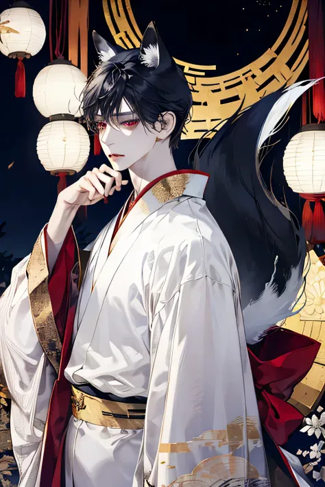 male, masterpiece，best quality，black haired fox，black fox ears and a larger black tail，Beautiful all-white kimono with gold accessories，immortal，red eyes， Mature，Handsome，shrine，Loose hair and clothes，night，a sense of atmosphere, fear, white skin, fantasti...