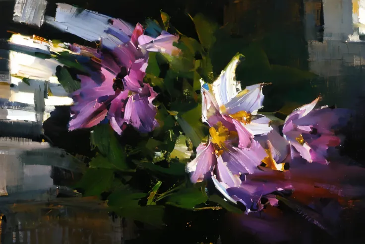 three purple flowers ，impressionism的oil painting style，floral still life，gives a feeling of relaxation and healing，simplified sh...