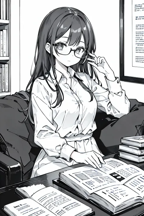 girl,Black and White、 Wearing a white shirt, Read a book, （High resolution:1)、Wearing glasses