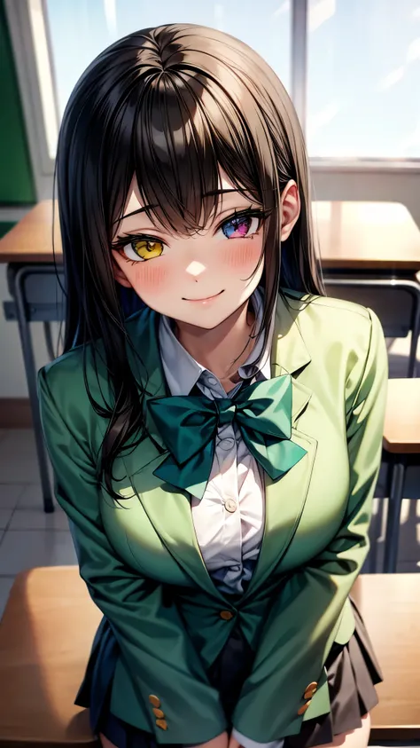 （super high quality,Ultra-high resolution,16k,super masterpiece,Ultra HD ,Detailed shading,）Upper body shot,One high school girl,Long black hair with side-swept bangs,White dress shirt with the second button undone,（Bluish green jacket suit,Brown checked m...