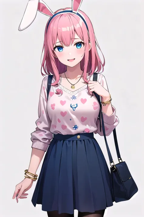 1girl,Samus aran,solo,blue eyes, pink hair, forehead hair, (ta fashion:1.2),  Rabbit print jumper skirt, white lace blouse, rabbit ear headband, rabbit necklace and bracelet, rabbit-shaped bag, ribboned ta shoes, rabbit plush toy,cowboy shot,blush,,,ultra-...