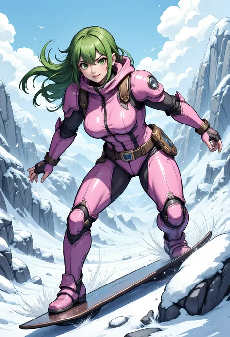 high details, best quality, 16k, [best detailed], masterpiece, best quality, (extremely detailed), photorealistic, fantasy art, RPG art, a picture of a mech girl, wearing pink mech suit, surfing in the snow, epic beautiful human woman (best details, Master...