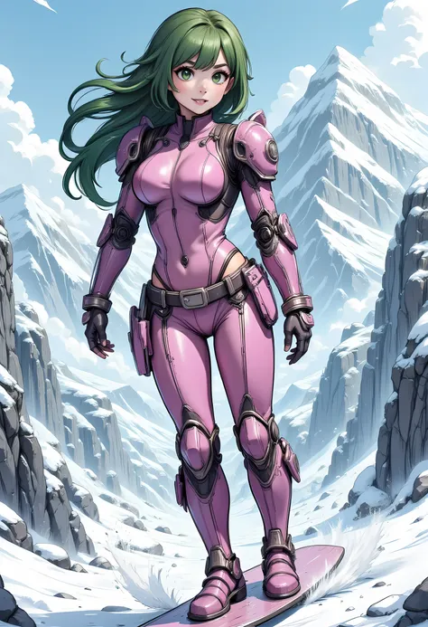 high details, best quality, 16k, [best detailed], masterpiece, best quality, (extremely detailed), photorealistic, fantasy art, RPG art, a picture of a mech girl, wearing pink mech suit, surfing in the snow, epic beautiful human woman (best details, Master...