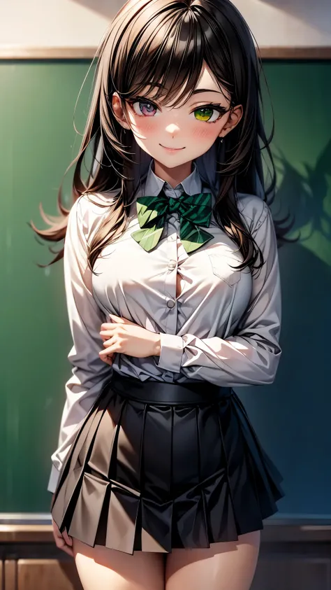 （super high quality,Ultra-high resolution,16k,super masterpiece,Ultra HD ,Detailed shading,）One high school girl,Long black hair with side-swept bangs,White dress shirt with the second button undone,（Bluish green jacket suit,Brown checked mini skirt,）Black...