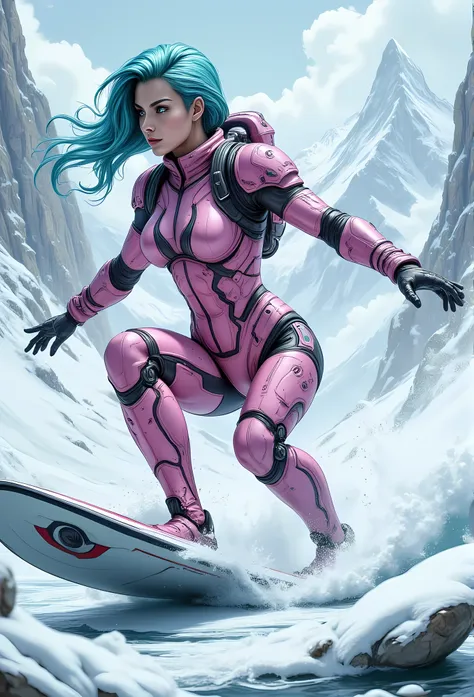 high details, best quality, 16k, [best detailed], masterpiece, best quality, (extremely detailed), photorealistic, fantasy art, RPG art, a picture of a mech girl, wearing pink mech suit, surfing in the snow, epic beautiful human woman (best details, Master...