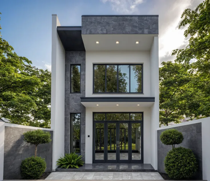 (masterpiece:1.2), best quality, photo of A two-story modern house with white walls and dark gray tiles on the roof., tree and plant, streetcapes, natural light, The exterior of an elegant single family home features large windows, (a dark gray door frame:...