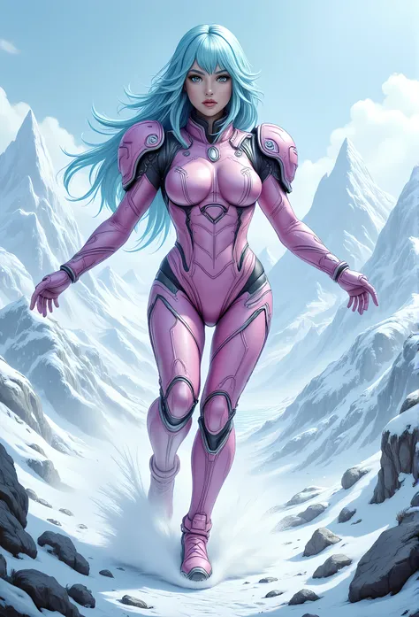 high details, best quality, 16k, [best detailed], masterpiece, best quality, (extremely detailed), photorealistic, fantasy art, RPG art, a picture of a mech girl, wearing pink mech suit, wearing high heel boots, surfing in the snow, epic beautiful human wo...