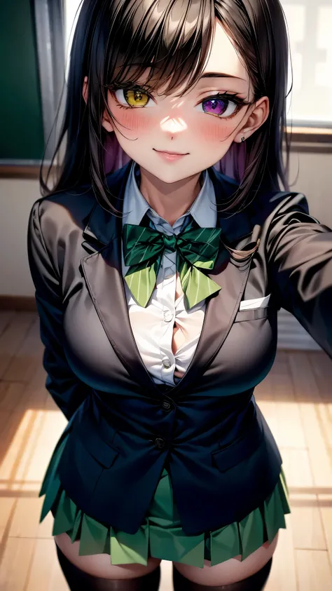 （super high quality,Ultra-high resolution,16k,super masterpiece,Ultra HD ,Detailed shading,）One high school girl,Long black hair with side-swept bangs,A white dress shirt with the second button undone,（green jacket suit,Brown checked mini skirt,）Black Stoc...